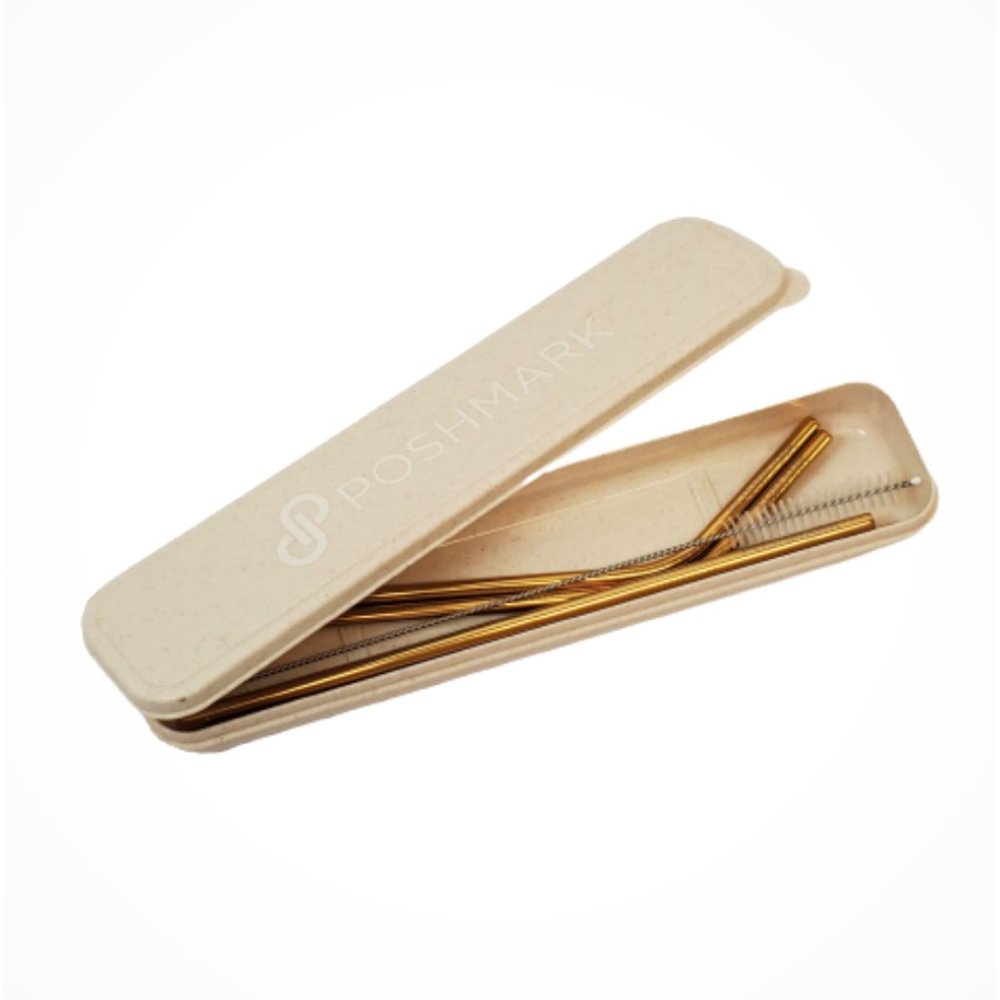 Poshmark Gold Reusable Straw Set with Cleaning Brush, Opened, Never Used